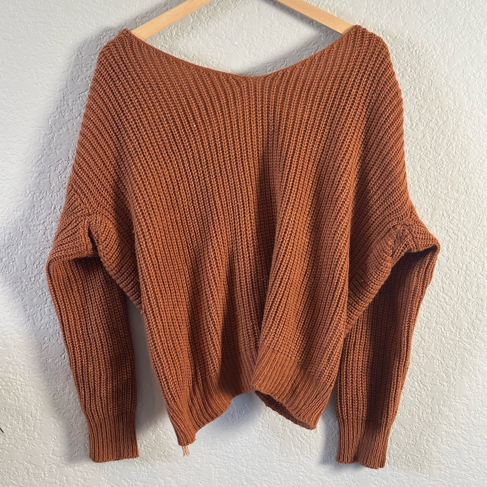 Sexyshine Women's Casual V Neck Criss Cross Backless Long Sleeve Knitted Sweater